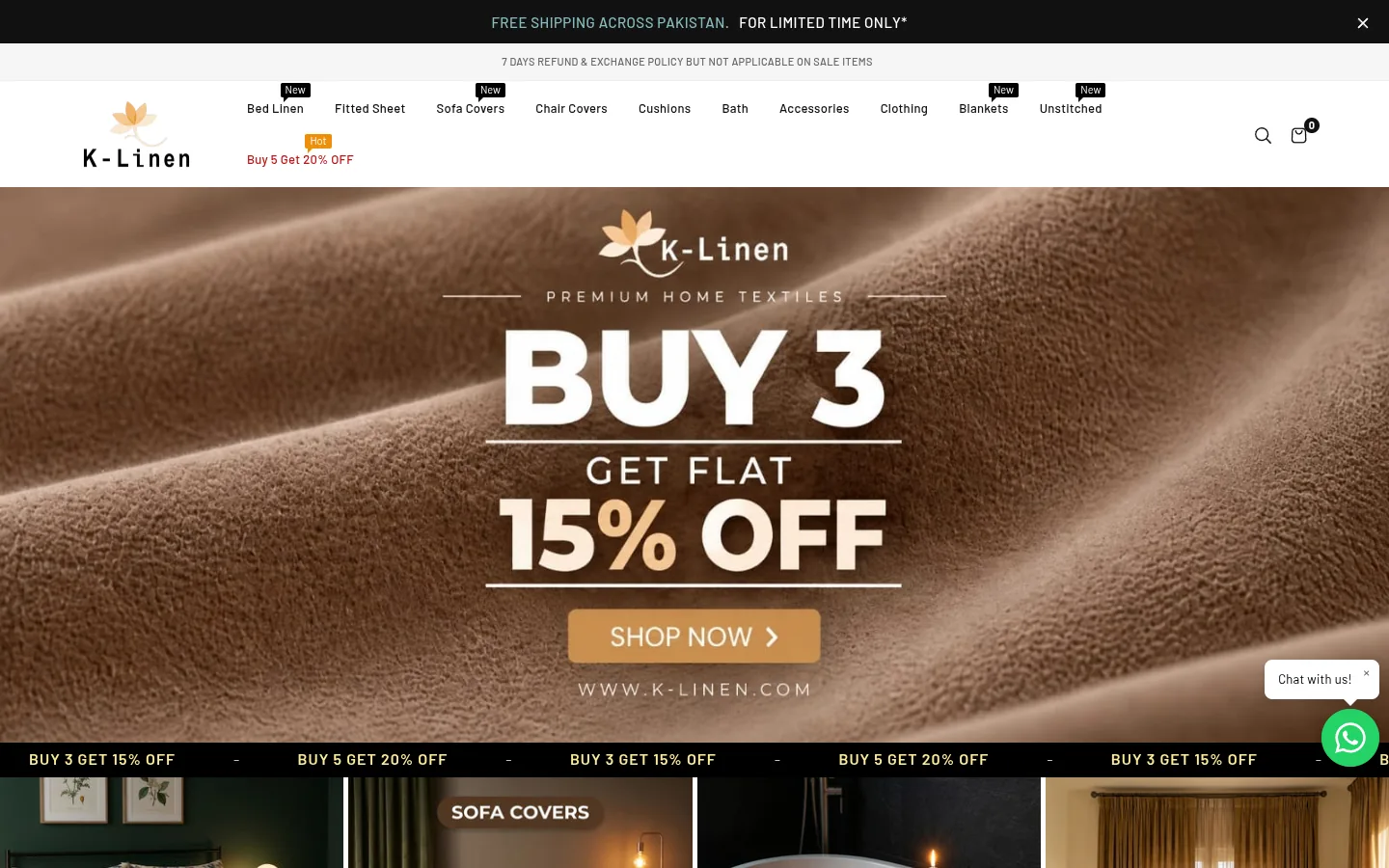 K-Linen Shopify store homepage