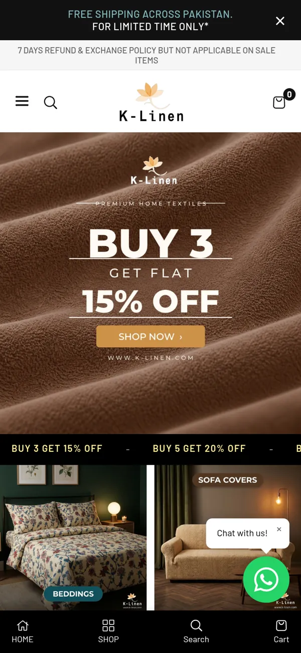 K-Linen Shopify store homepage on mobile